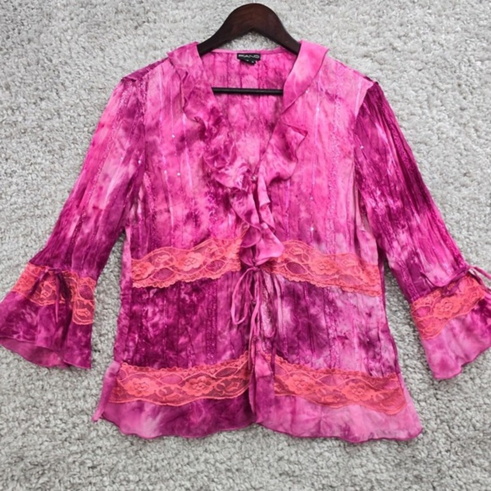 Piano Tie Dye Lace Ruffle Blouse Womens Medium Pink Purple Y2K Boho Bell Sleeve